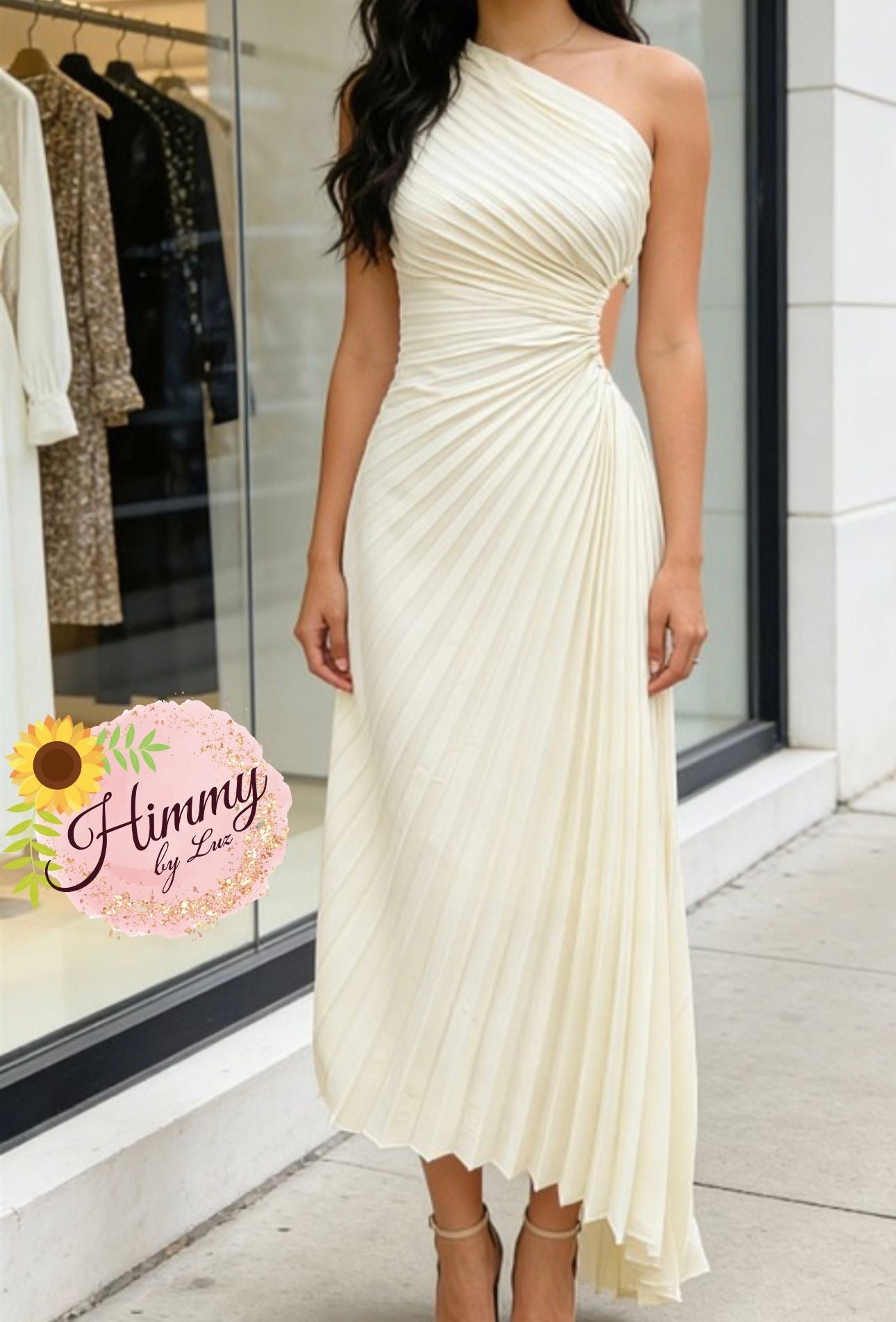 One shoulder pleated midi dress