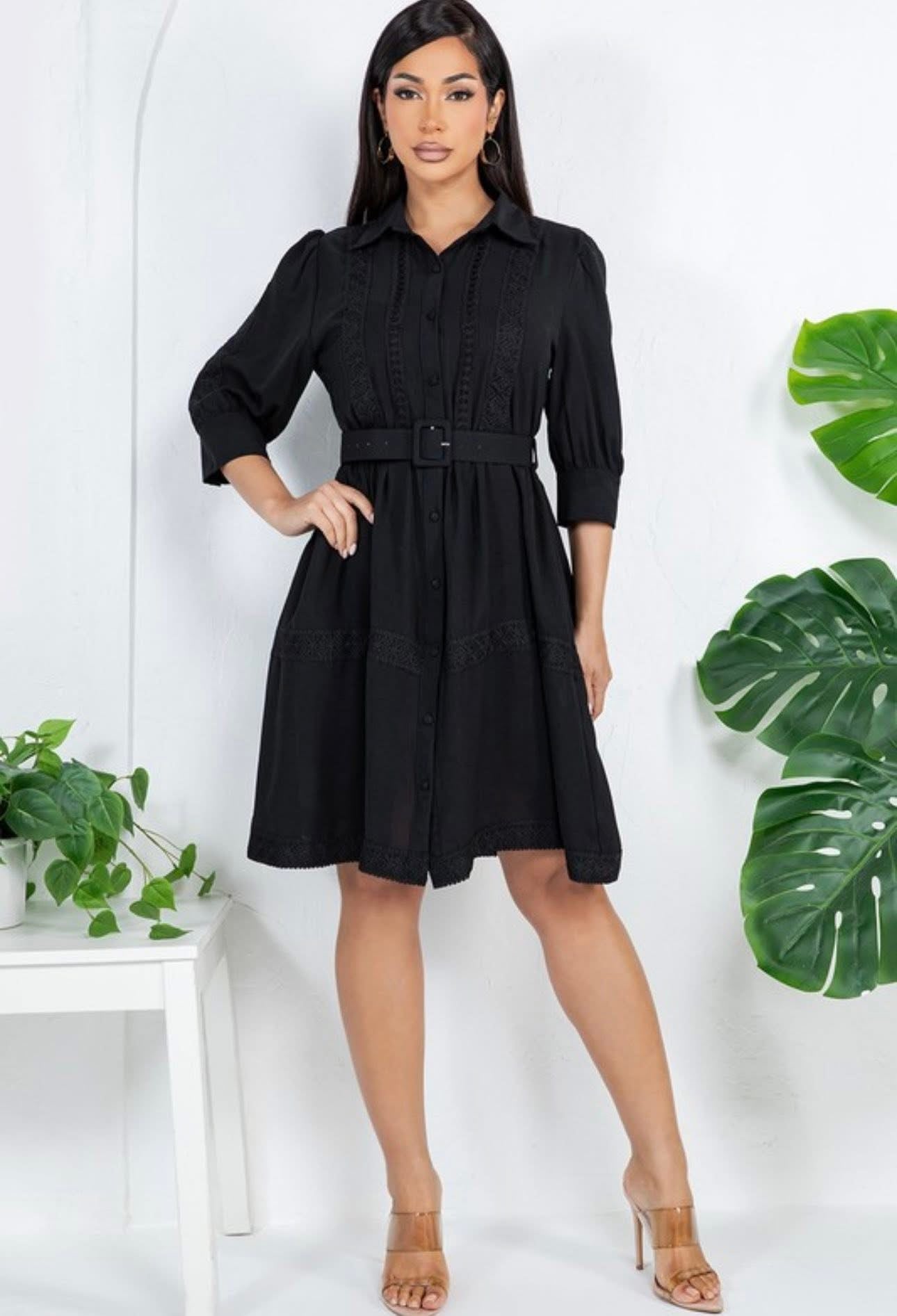 Solid Crochet Belted Short Dress