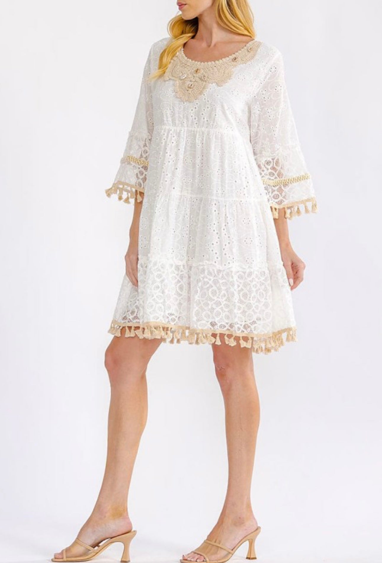 3/4 sleeve tiered crochet losed mini dress