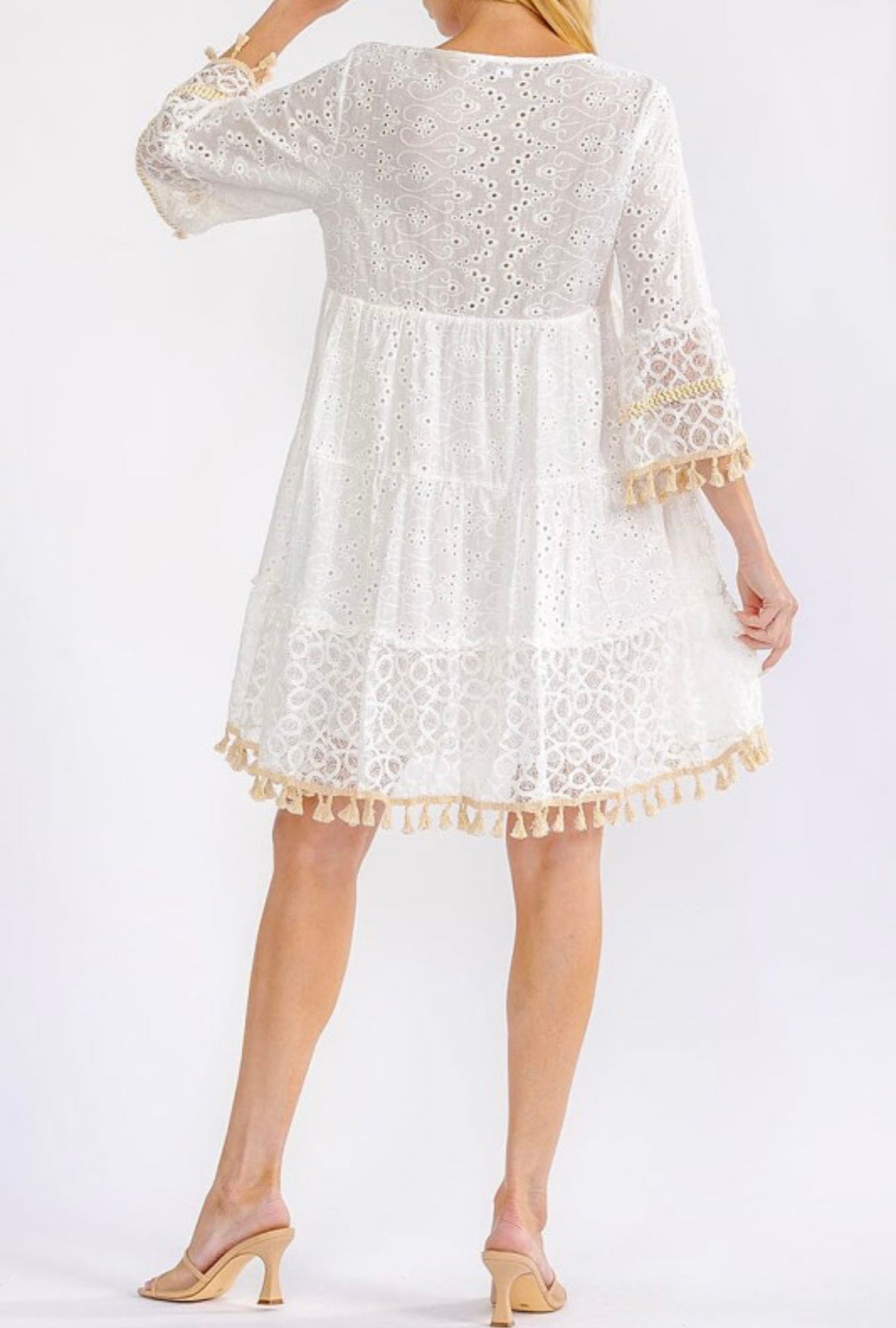 3/4 sleeve tiered crochet losed mini dress