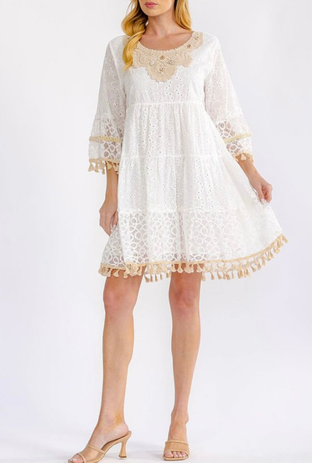 3/4 sleeve tiered crochet losed mini dress
