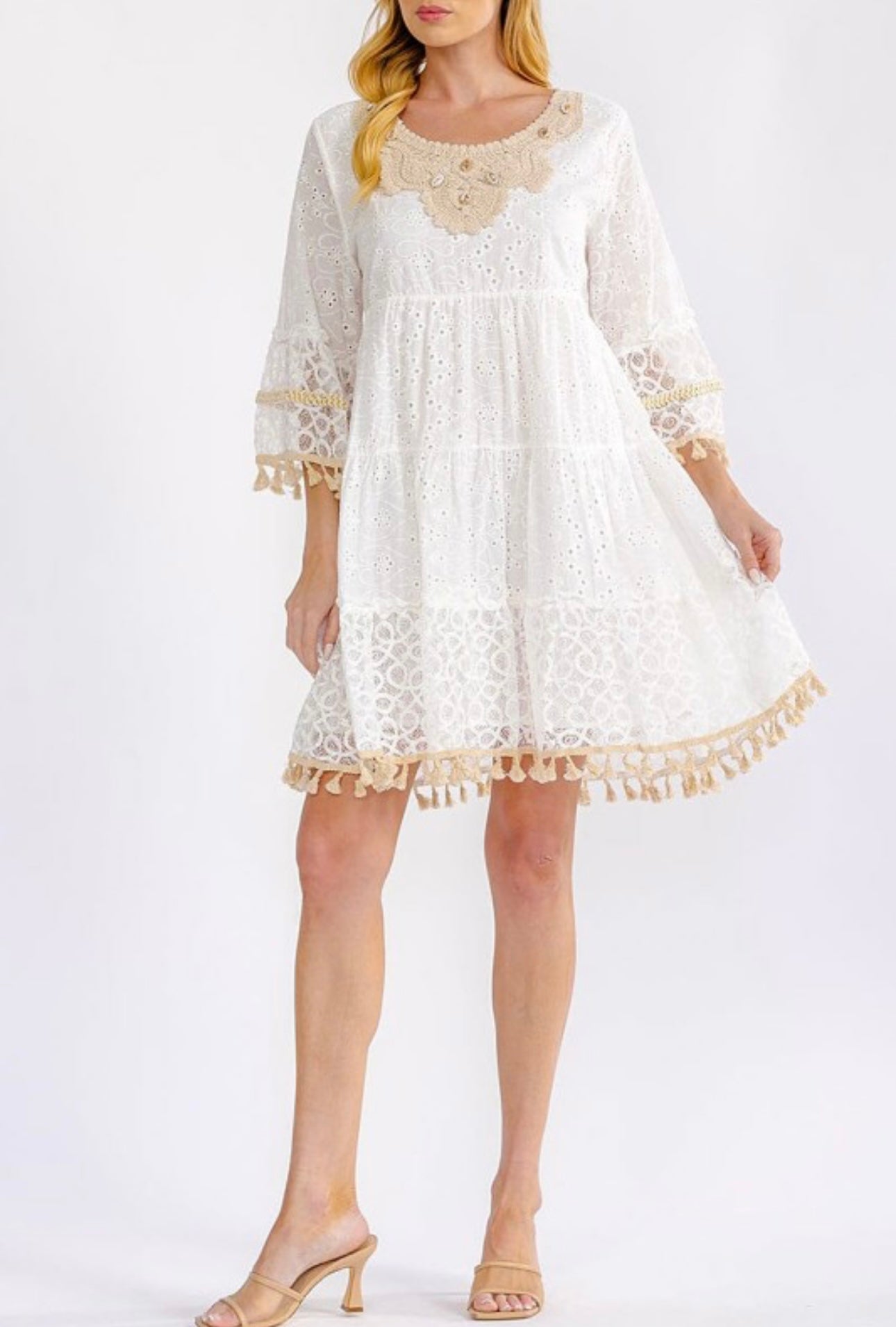 3/4 sleeve tiered crochet losed mini dress