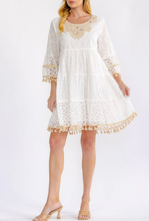 3/4 sleeve tiered crochet losed mini dress
