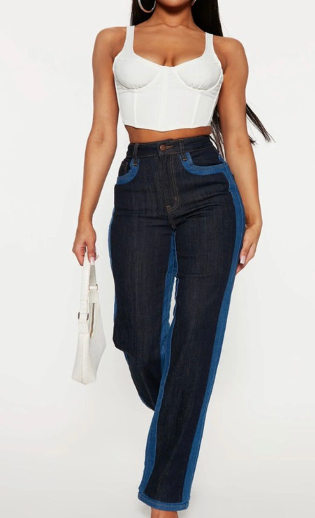 High Rise two tone straight leg jeans