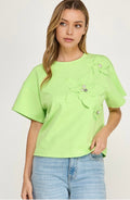 3d Floral Appliques with peral rhinestone tshirt